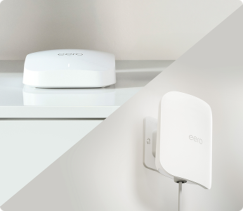 Split photo of an Eero router on a counter and mounted on a wall