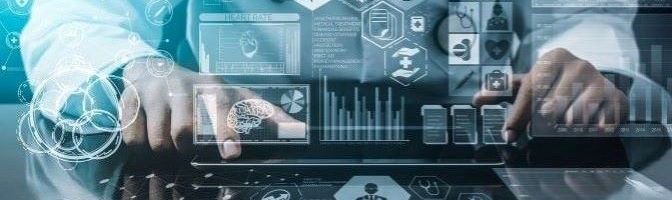 Business person in front of a laptop with superimposed security icons