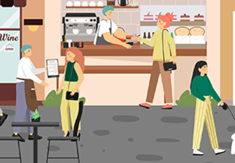 Illustration of a vibrant downtown with thriving small businesses.