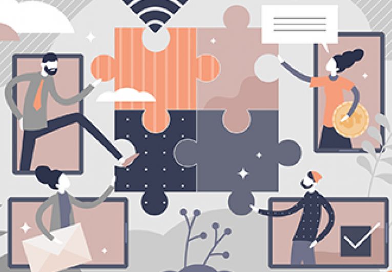 Illustration of employees working remotely and collaboratively.