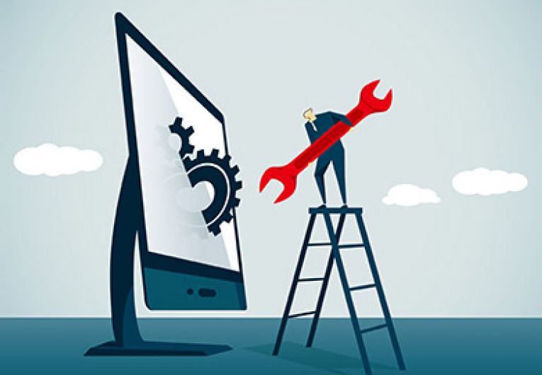 illustration of a man on a ladder using a wrench to fix a computer