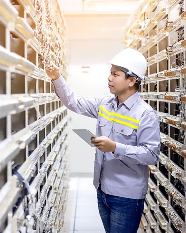 technician working on a network rack