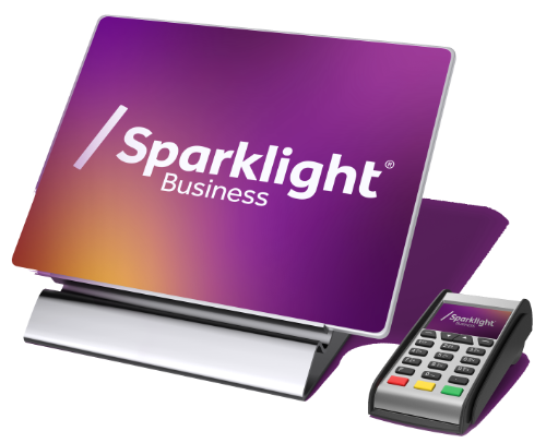 Point of Purchase card reader with Sparklight branded purple screens